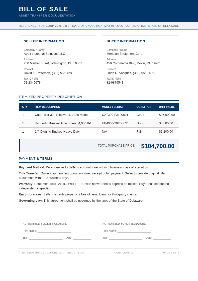 Corporate Standard Bill Of Sale